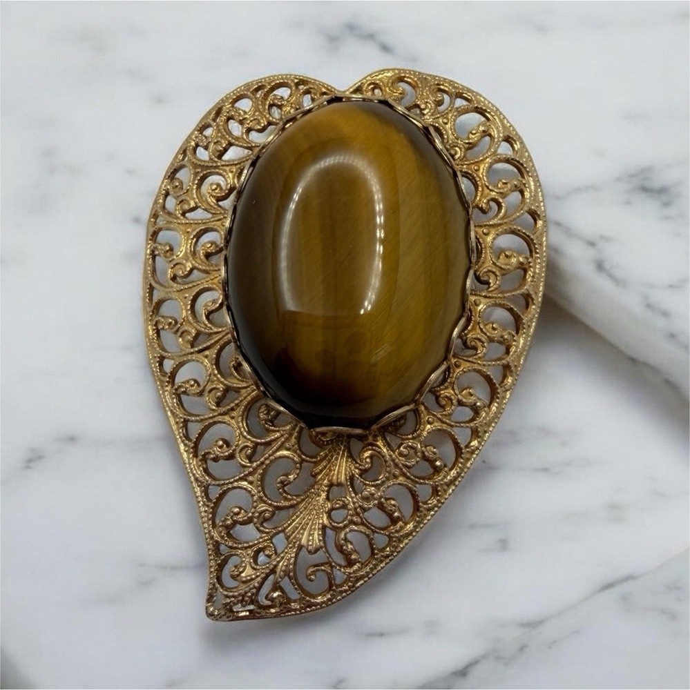 Vintage Tiger’s Eye Leaf Brooch Gold Metal Brown Oval Cabochon 1950’s-1970’s