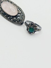 VTG AS IS Sterling Silver Marcasite Brooch Rose Quartz Deco Style Pin Ring lot