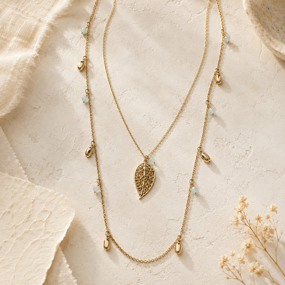 Vintage Gold Toned Layered Leaf Charm Necklace with Mint Beads Boho Style