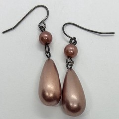 Vtg Brown Glass Pearl Teardrop Dangle Earrings Hook