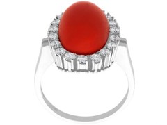 7.36 Ct Red Coral 0.80 Ct Diamond 18k White Gold Cocktail Ring Circa 1970