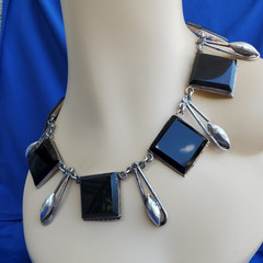 Original STERLING SILVER 925 Deco Onyx Modernist Necklace 186 Gr Vintage 18″ In
