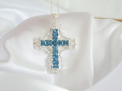 Large Sterling Silver 925 Heated London Blue Topaz Cross Pendant Necklace