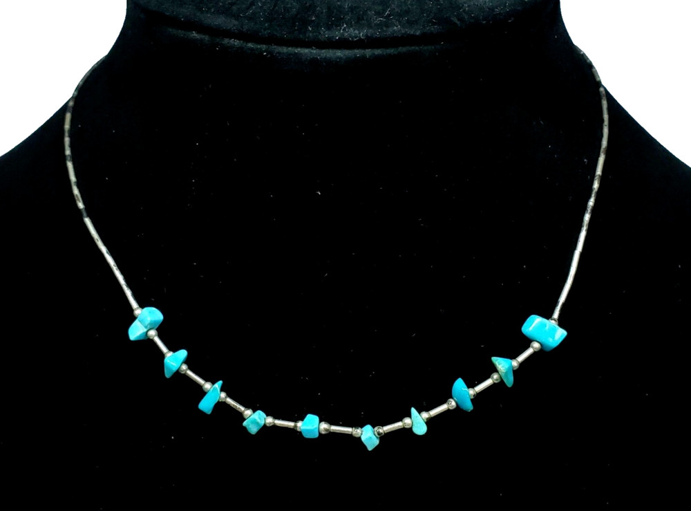 Vintage Liquid Silver Sterling Turquoise Chunk Beaded Southwestern Necklace