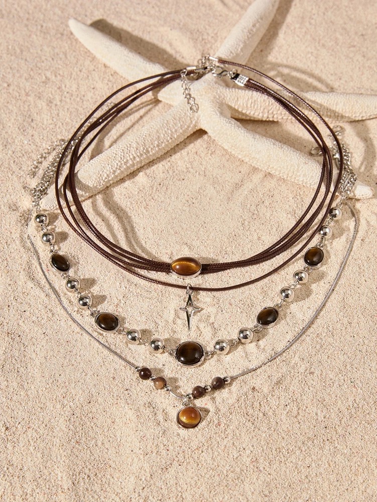 1pc Vintage Leather Stone Pendant Choker Necklace Women Boho