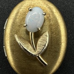 TULIP gold-plated locket – faux opal flower – 1.25″ oval pendant holds 2 photos