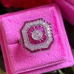 Art Deco Style Lab Created Diamond & Ruby 14K White Gold Finish Engagement Ring