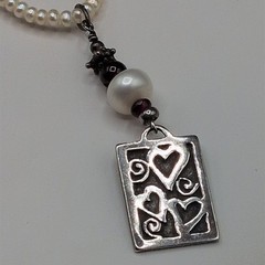 Vintage Necklace Sterling Silver Hearts Pearls Red Beads Love Valentines Day