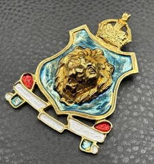 HUGE Accessocraft NYC 80s Vintage Leo Lion Shield Crown Brooch Gold Tone Enamel