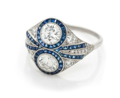 Two Round Transitional Cut 1.50CT White CZ With Blue Sapphire Art Deco Fine Ring