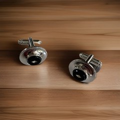 Shields Vintage Silver Tone Black Round Cufflinks Bullet Back Rhinestone Accent