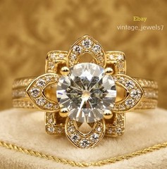 3CT Round Lab Created Diamond Vintage 3D Floral Wedding Ring 14K Yellow Gold FN
