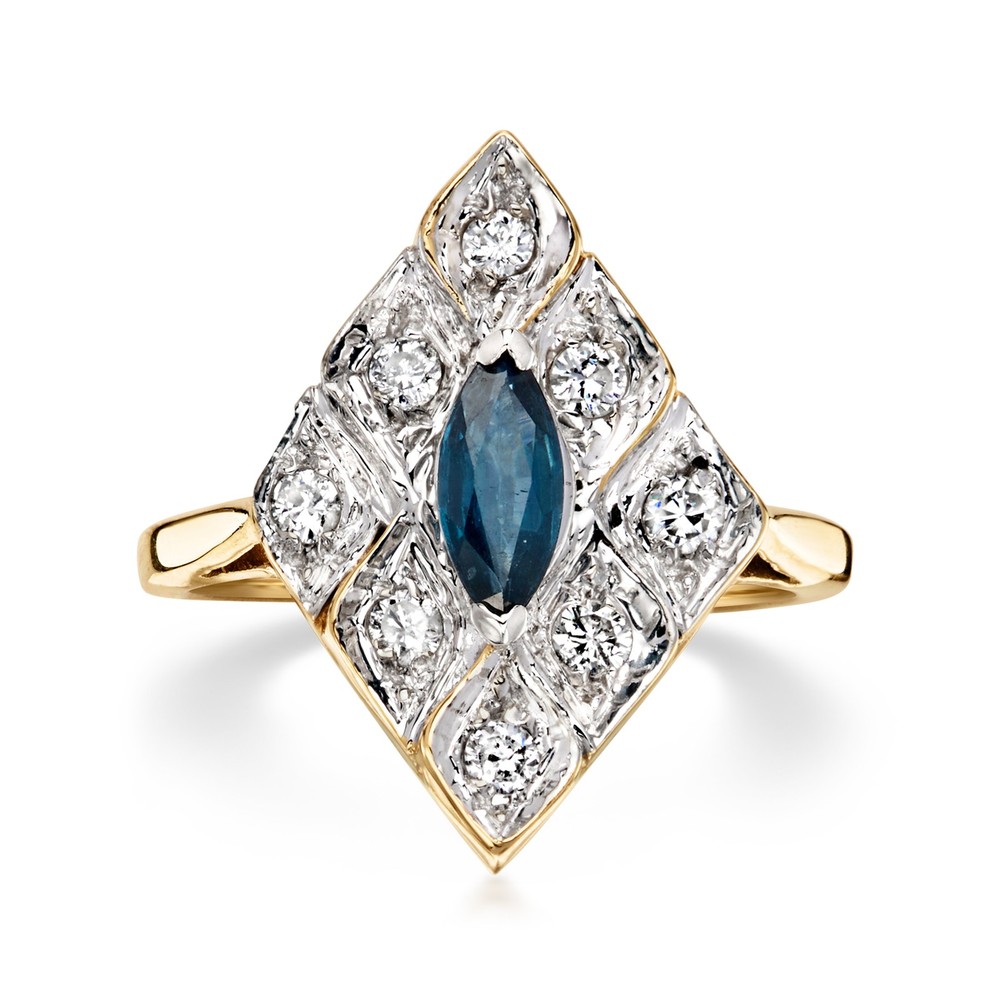 Vint Sapphire Marquise-Shaped Rng w Diamonds in 14k Gold Size 6.25