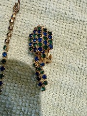 Vintage 1950’s Costume necklace And clip on earring Set Gold color Blue Green