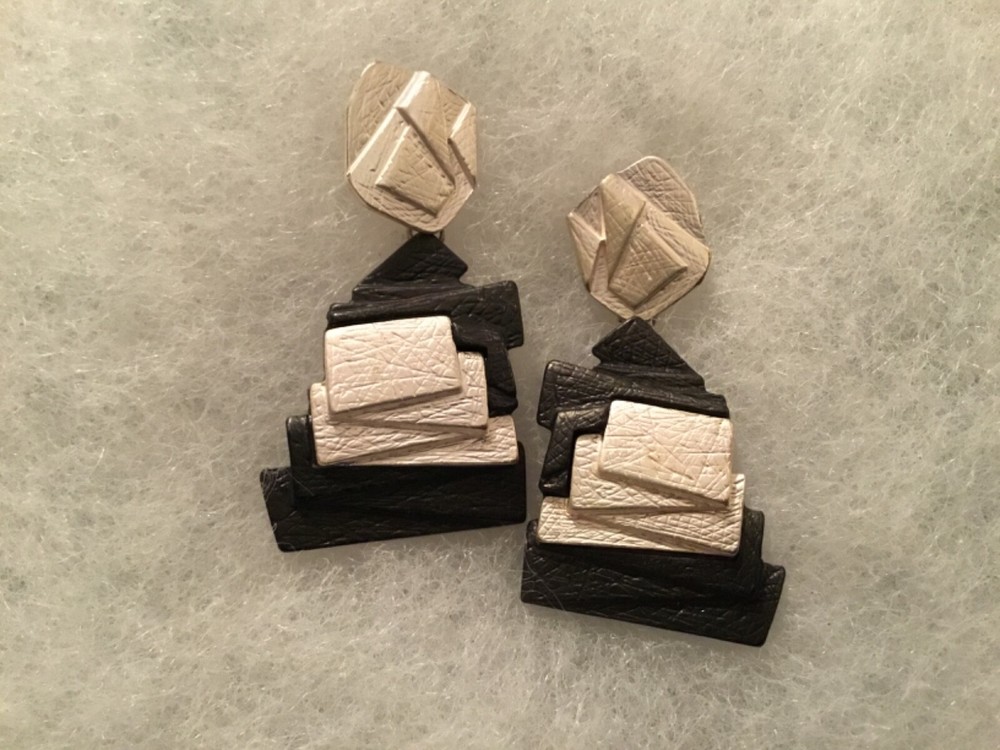 Contemporary/Abstract/Modern Matte Silver Tone-Black Dangle Pierced Earrings-2″