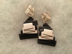 Contemporary/Abstract/Modern Matte Silver Tone-Black Dangle Pierced Earrings-2″