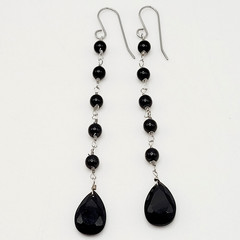 Black Onyx Bead Shoulder Duster Long Linear Silver Tone Pierced Hook Earrings