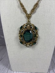 Vintage Western Germany Necklace Ornate Brass Filigree With Green Rhinestones.