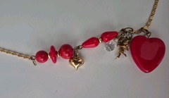 Vtg Asymetric Roxsann Charm Necklace Red Heart Cupid Anchor Crystal Bead