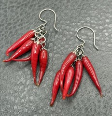 Vintage Red Chili Pepper Blown Glass Dangle Drop Earrings Silver Tone