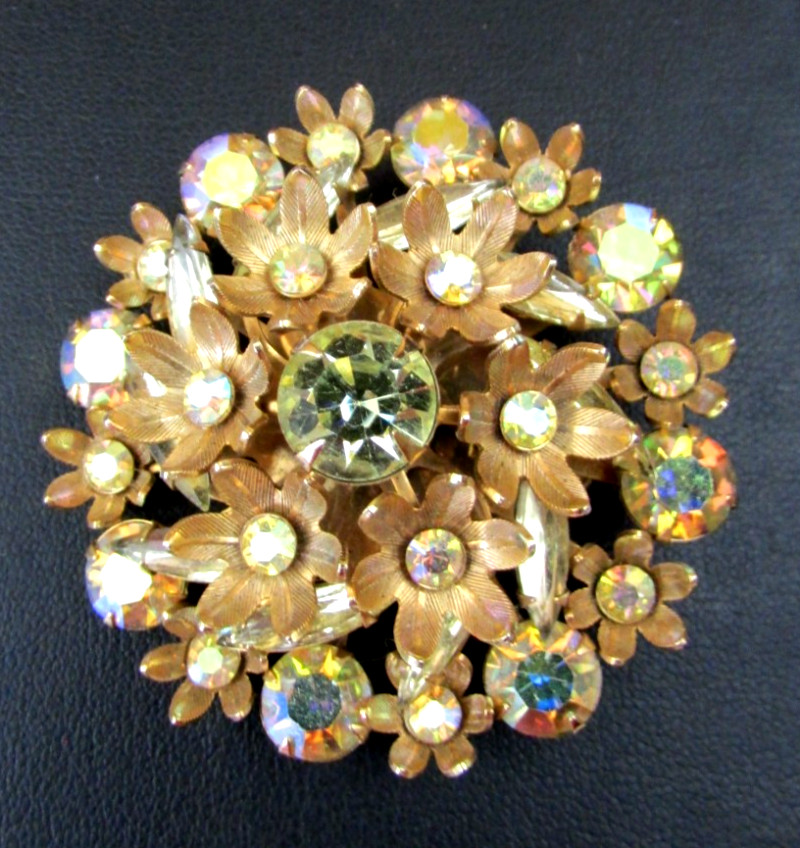 Vintage Aurora Borealis (AB) Clear Rhinestone Floral Brooch Pin Gold Tone MCM