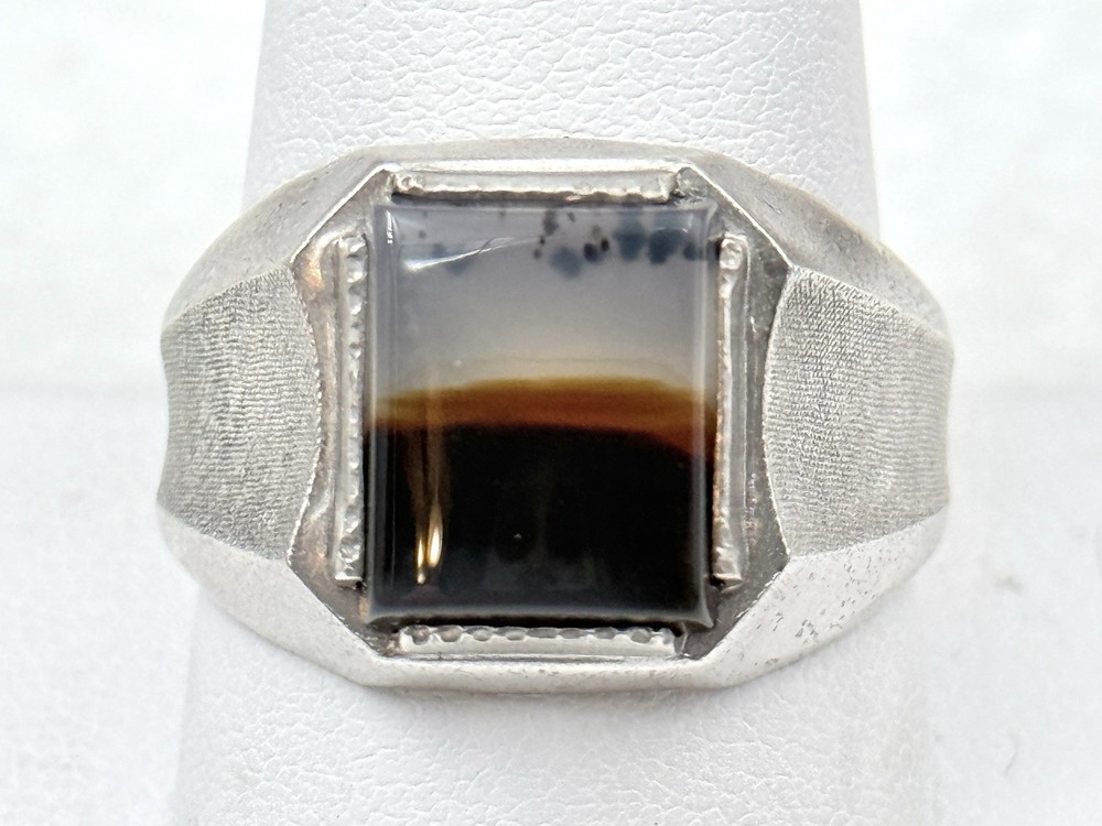 Antique Sterling Silver Banded Dendritic Agate 1920-30’s Art Deco Sz 11.25