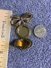 Vtg LOCKET Brooch JEWELED bow PHOTO HOLDER Etched Dangle Lot C