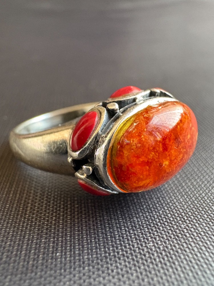 925 Sterling Silver Coral and Jasper Ring Handcrafted Ring Size 6.75 US