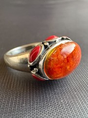 925 Sterling Silver Coral and Jasper Ring Handcrafted Ring Size 6.75 US