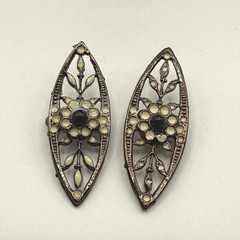 Vintage Art Deco Floral Set Pins Brooshes Black Cream Enamel Marquise Shape