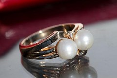 14k yellow gold ring 6.2mm cultured pearl natural diamond sz 6.5 vintage 5.85g