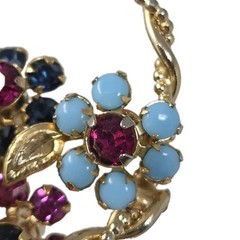 Pink Blue Rhinestone Flower Basket Brooch Pin Gold Tone Vintage 2 Inch Unsigned