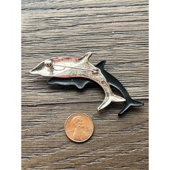Vintage Liz Claiborne Dolphin Pin Brooch silver & black with rhinestone eyes