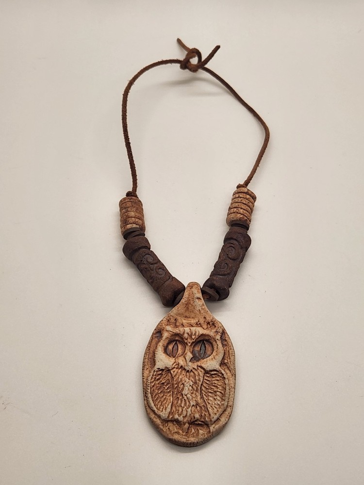 Vintage Stone Hand Carved Owl Pendant Necklace Leather