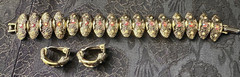 vtg Judy-Lee signed bronzetone iridescent glass cabochons bracelet earrings set