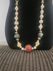 Vintage Stone And Carved Bovine Bone Beaded Necklace 32″