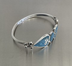 Vintage Mexico 925 Sterling Turquoise Inlay Mosaic Tension Bangle Bracelet 7″