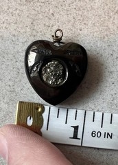 Antique Victorian Whitby Jet Inset Pyrite Puffy 3-D HEART Charm Pendant Fob H5