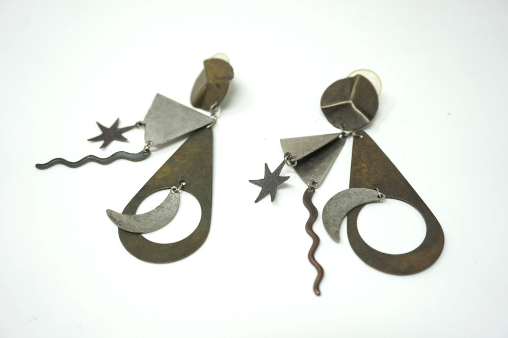 Vintage Brutalist Hammered Abstract Two-tone Statement Earrings Moon Star Drop