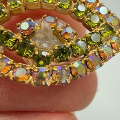 Large Vintage AB Rhinestone Flower Brooch Earrings Set 3″ Pink Green MCM Chic