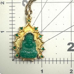 Vintage gold tone green faux jade art glass Buddha pendant 24″ chain necklace