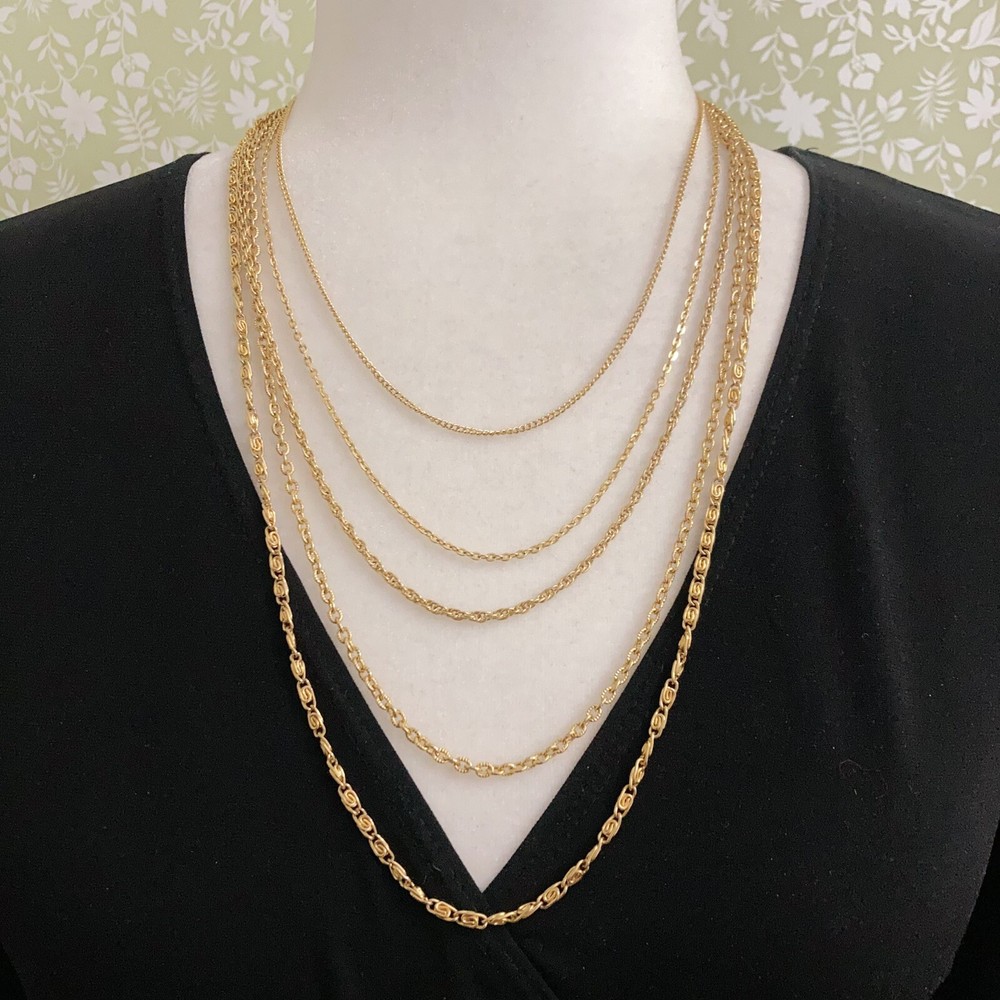Vintage Multiple Strand 5 Strands Gold Tone Chain Necklace