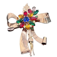 Coro Craft Sterling Silver Multi-Color Rhinestone Bow Floral Brooch Pegasus Tag