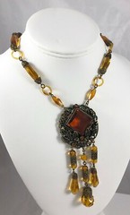 Antique Czechoslovakia Max Neiger Amber Brown Long Dangle Necklace Glass Links