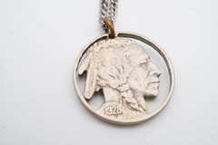 Vintage Necklace Silver Tone Carved Buffalo Nickel 24″
