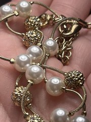 Vintage Swarovski Pearl Crystal Station Necklace Gold Tone Swan 16”-19” 1990’s