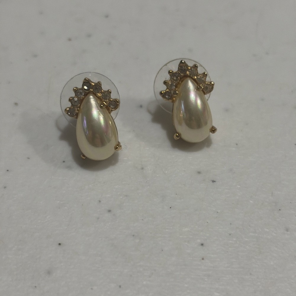 Vintage Roman Earring Faux Pearl Rhinestone Teardrop Push On Wedding Formal