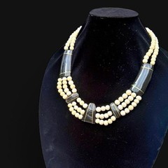 Art Deco Resin Bib Necklace Multi Strand Black Cream Bead Statement