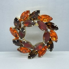 Rhinestone Wreath Brooch Marquise Frosted Red Amber Orange Gold‑Tone Mid‑Century