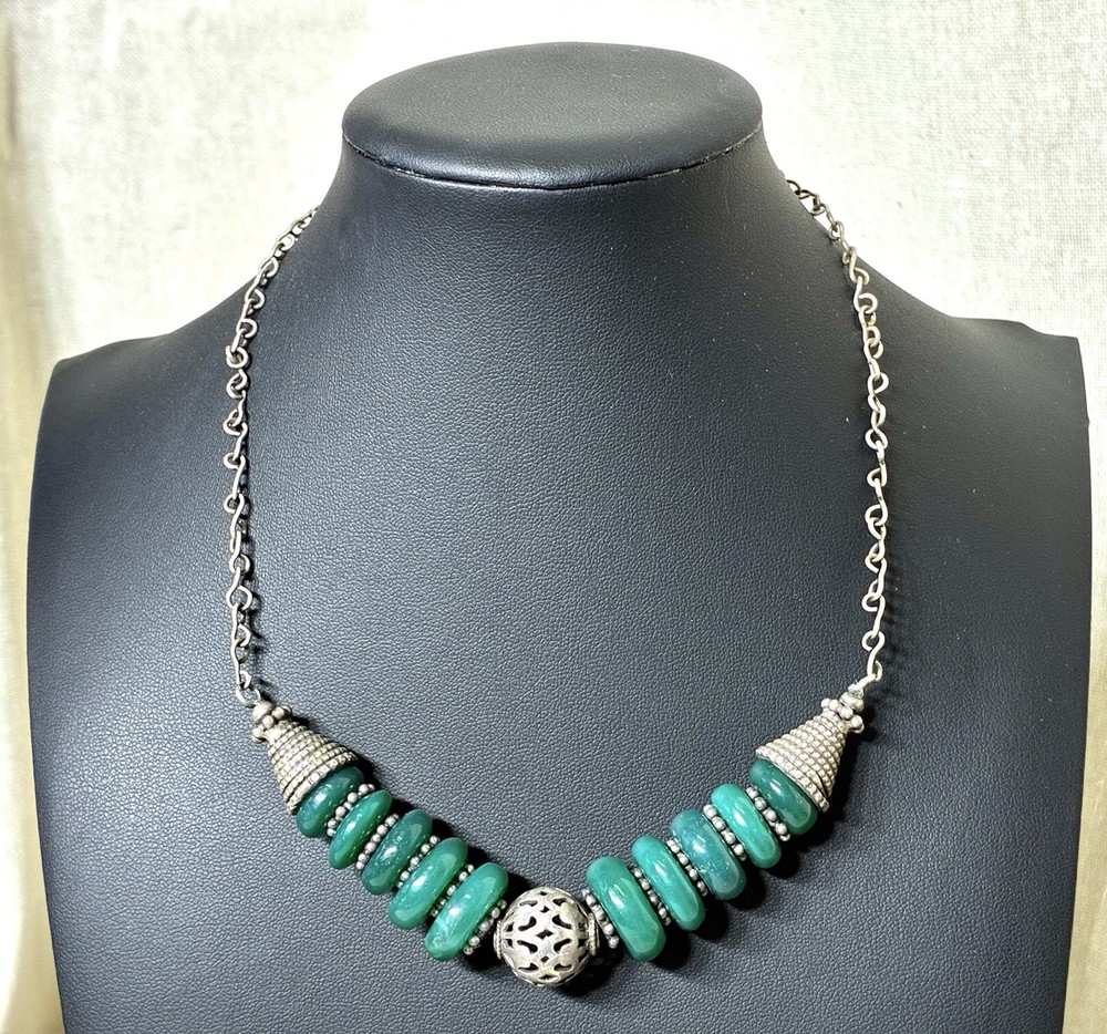Vintage Moroccan Berber Style Sterling Silver Green Agate Bead Necklace 52g